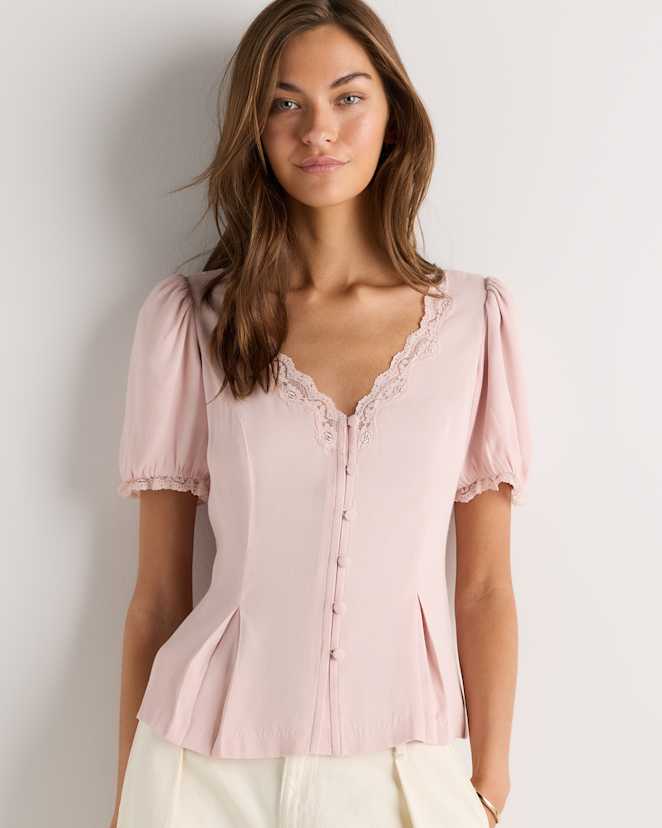 Shell Pink Lightweight Crepe Lace Puff Sleeve Blouse