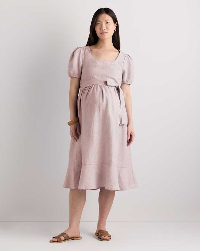 Vintage Pink Chambray Robe midi de maternité à manches courtes 100 % lin européen