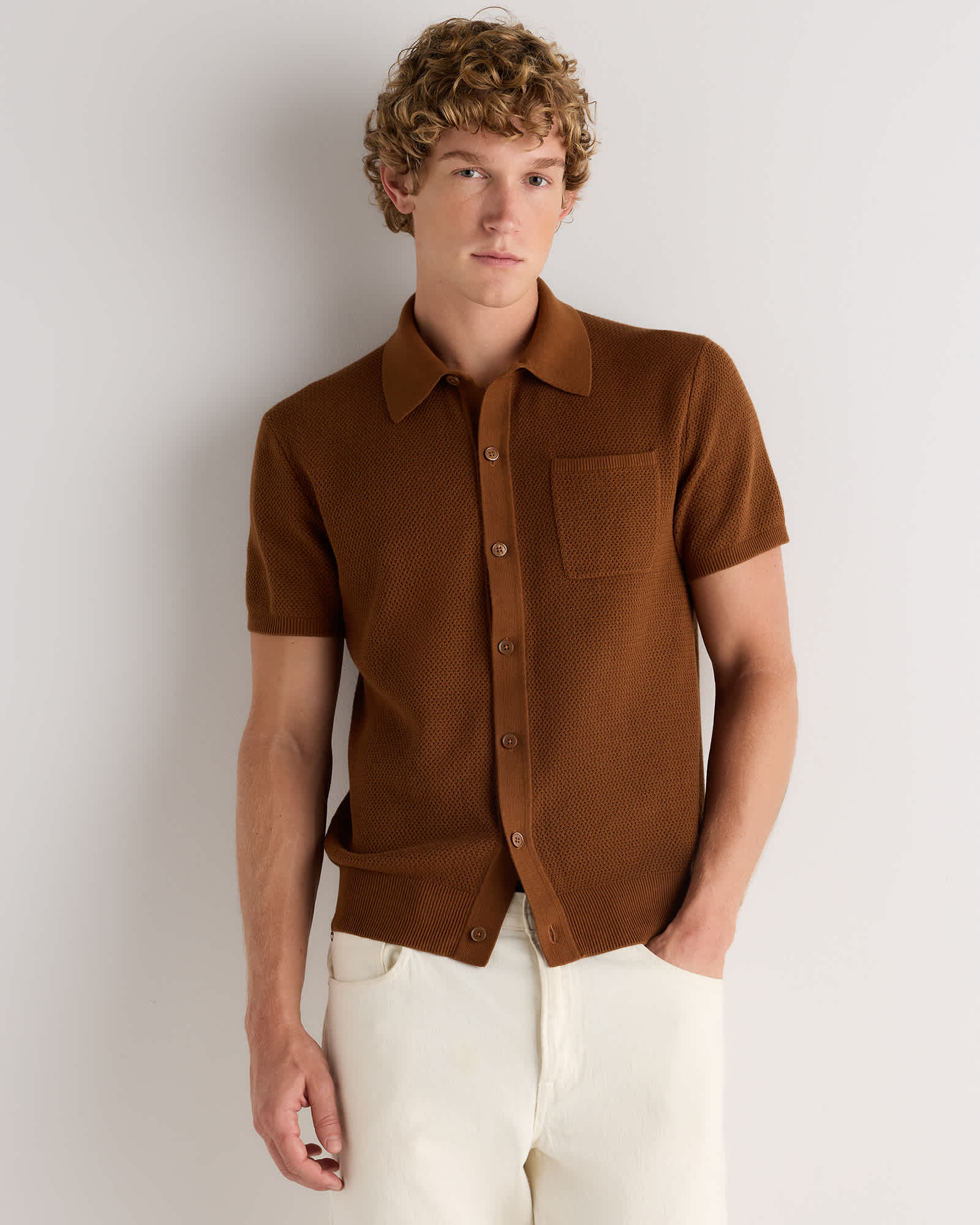 Vintage Brown 100% Organic Cotton Mesh-Stitch Button-Up Sweater Polo