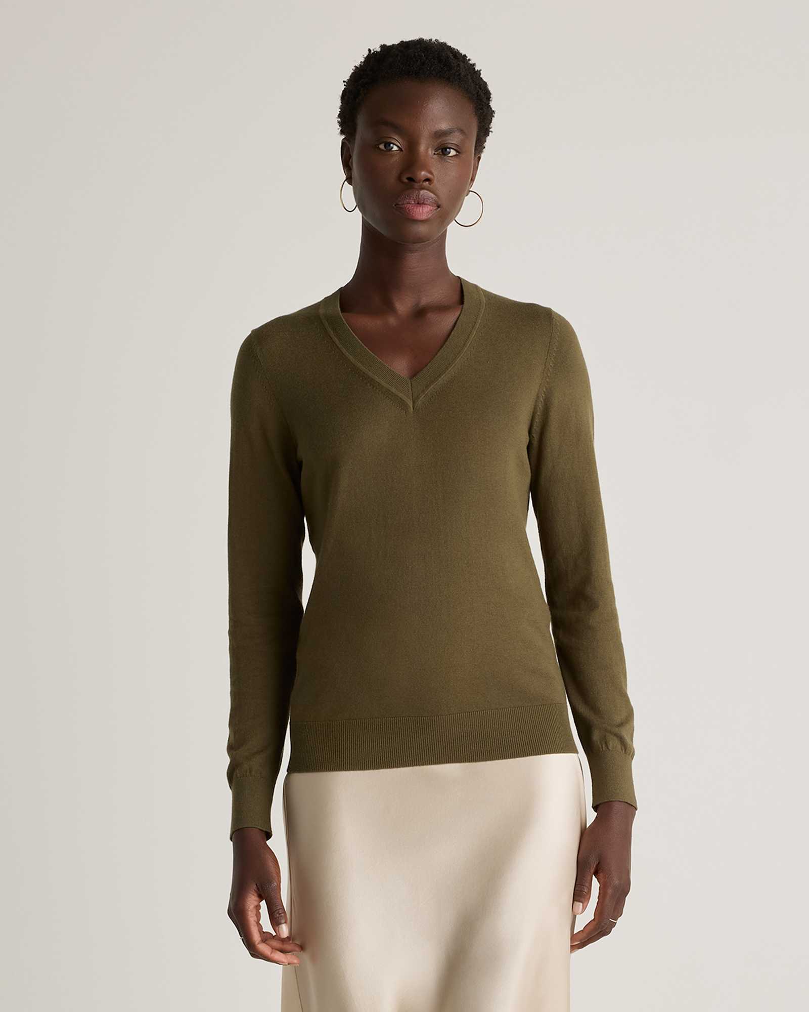olive Lightweight Cotton Cashmere V-Neck Sweater