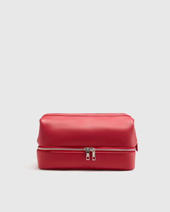 Ruby Red Italian Leather Dual Compartment Toiletry Bag