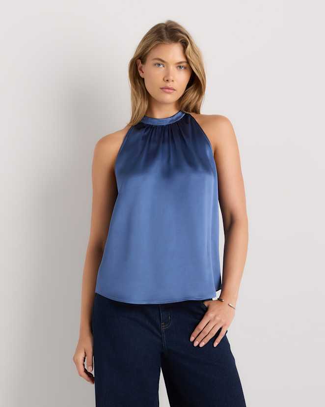Moonstone Blue 100% Washable Silk Halter Top