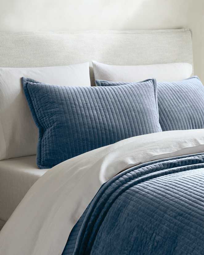 Glacier Blue Cotton Velvet Channel Quilted Sham Set