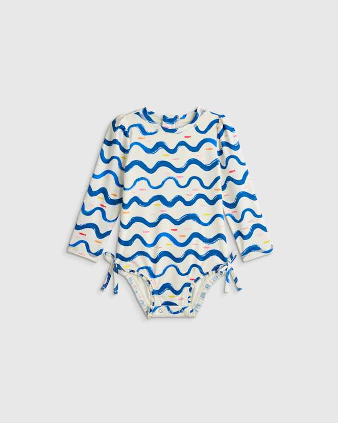 Wavy Fish Long Sleeve Tie One-Piece Swimsuit