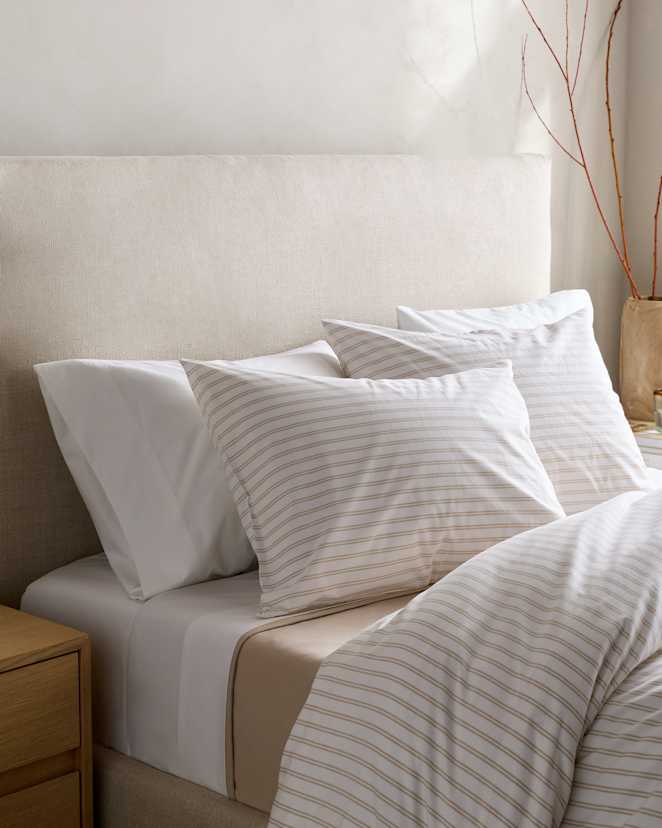 White/Toffee Classic Organic Percale Double Stripe Sham Set