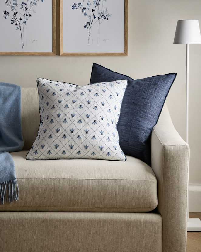 French Blue Embroidered Floral Cotton Pillow Cover