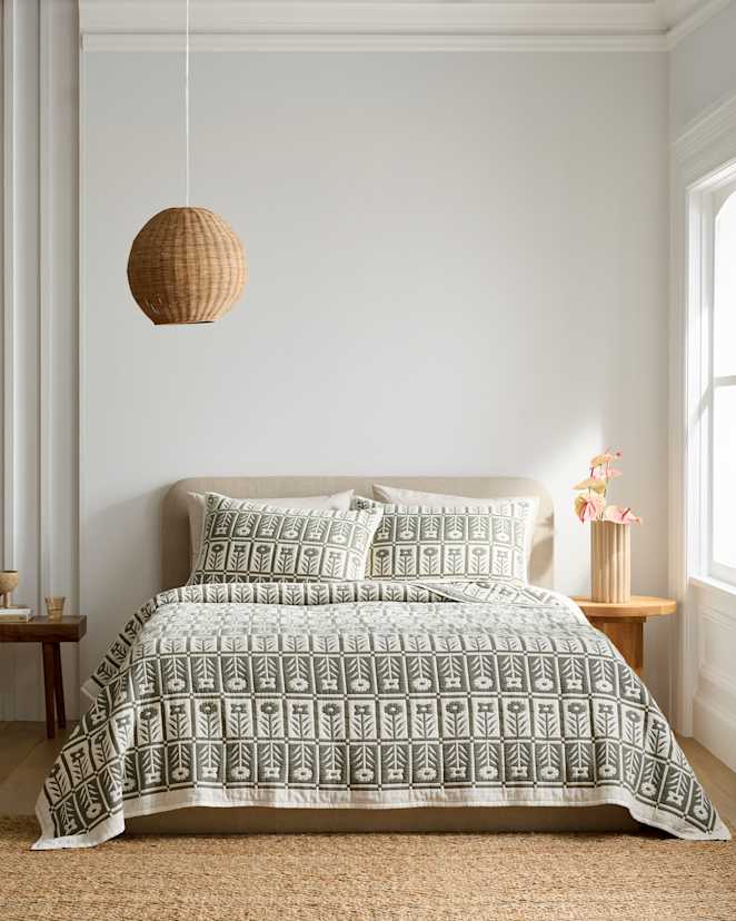 Dried Sage Organic Cotton Jacquard Floral Coverlet Set