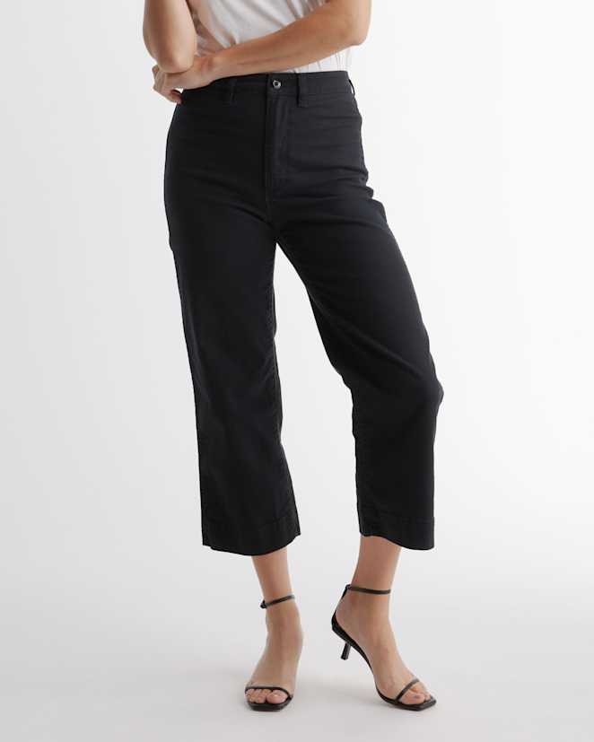 Black Organic Stretch Cotton Twill Wide-Leg Crop Pants