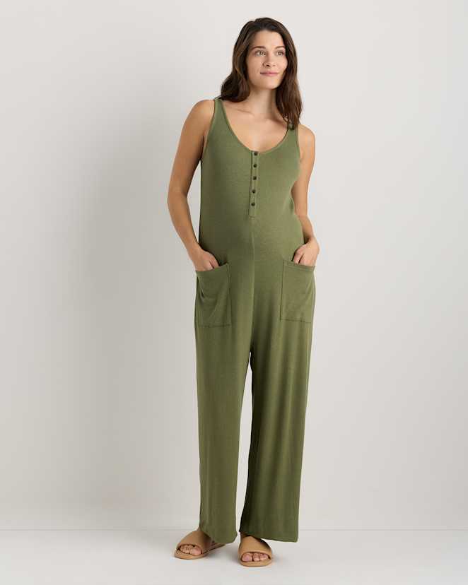 Green Tea Bamboo Rib Maternity Button Front Jumpsuit