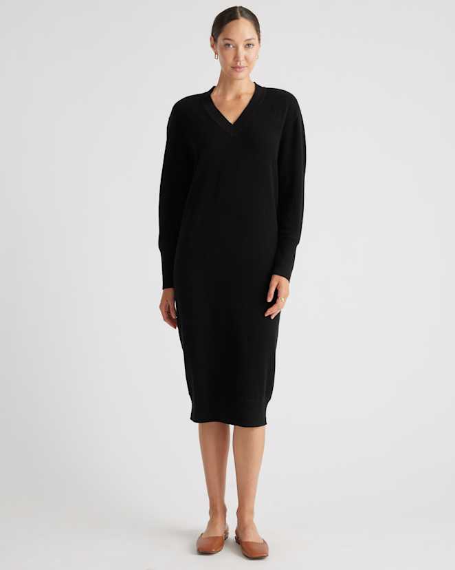 Black Mongolian Cashmere V-Neck Midi Sweater Dress