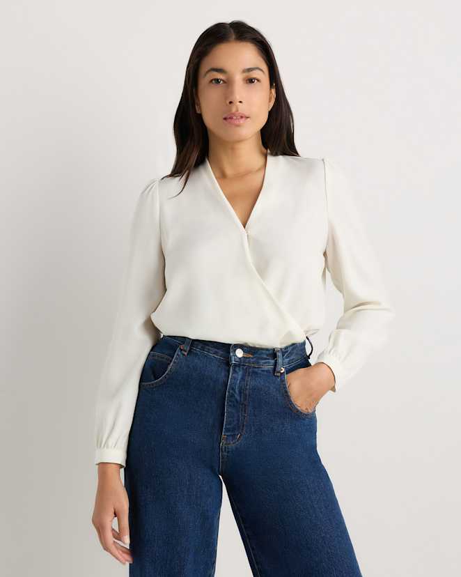 Textured Silken White Fluid Crepe Surplice Long Sleeve Blouse