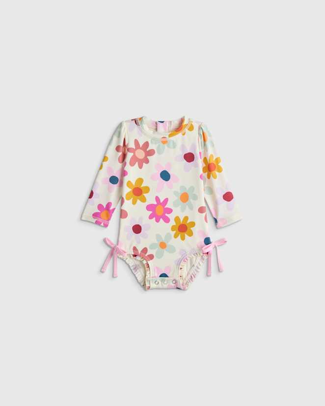 Happy Floral Long Sleeve Tie One-Piece Swimsuit