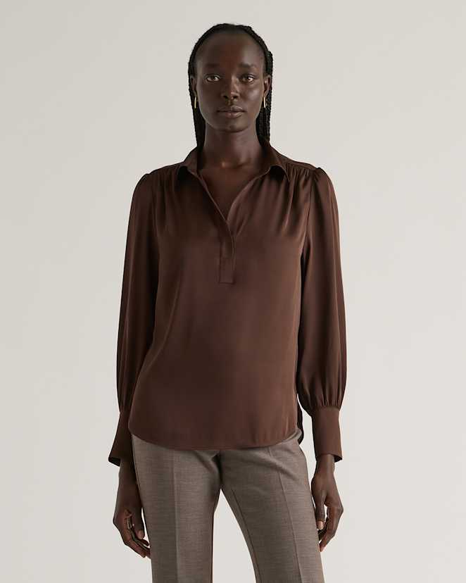 Hot Fudge Washable Stretch Silk Split Neck Blouse