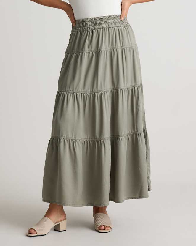 Olive Vintage Wash Tencel Tiered Maxi Skirt