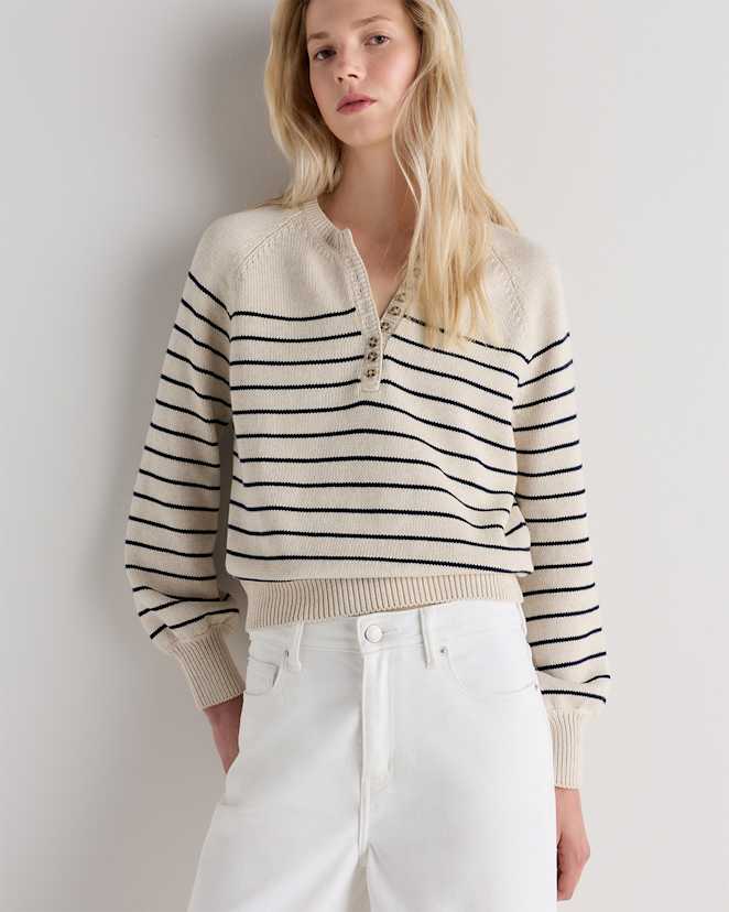Speckled Beige / Navy Stripe 100% Organic Cotton Striped Henley Sweater