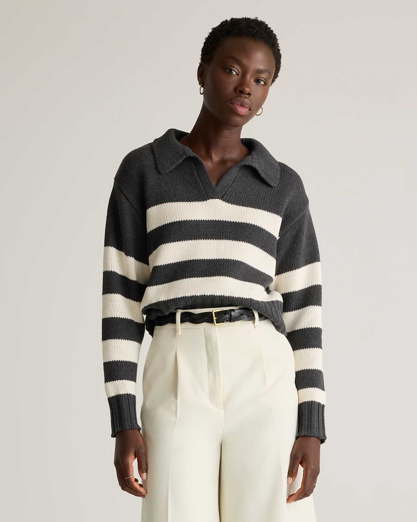 charcoal/offwhite-stripe 100% Organic Cropped Cotton Polo Sweater