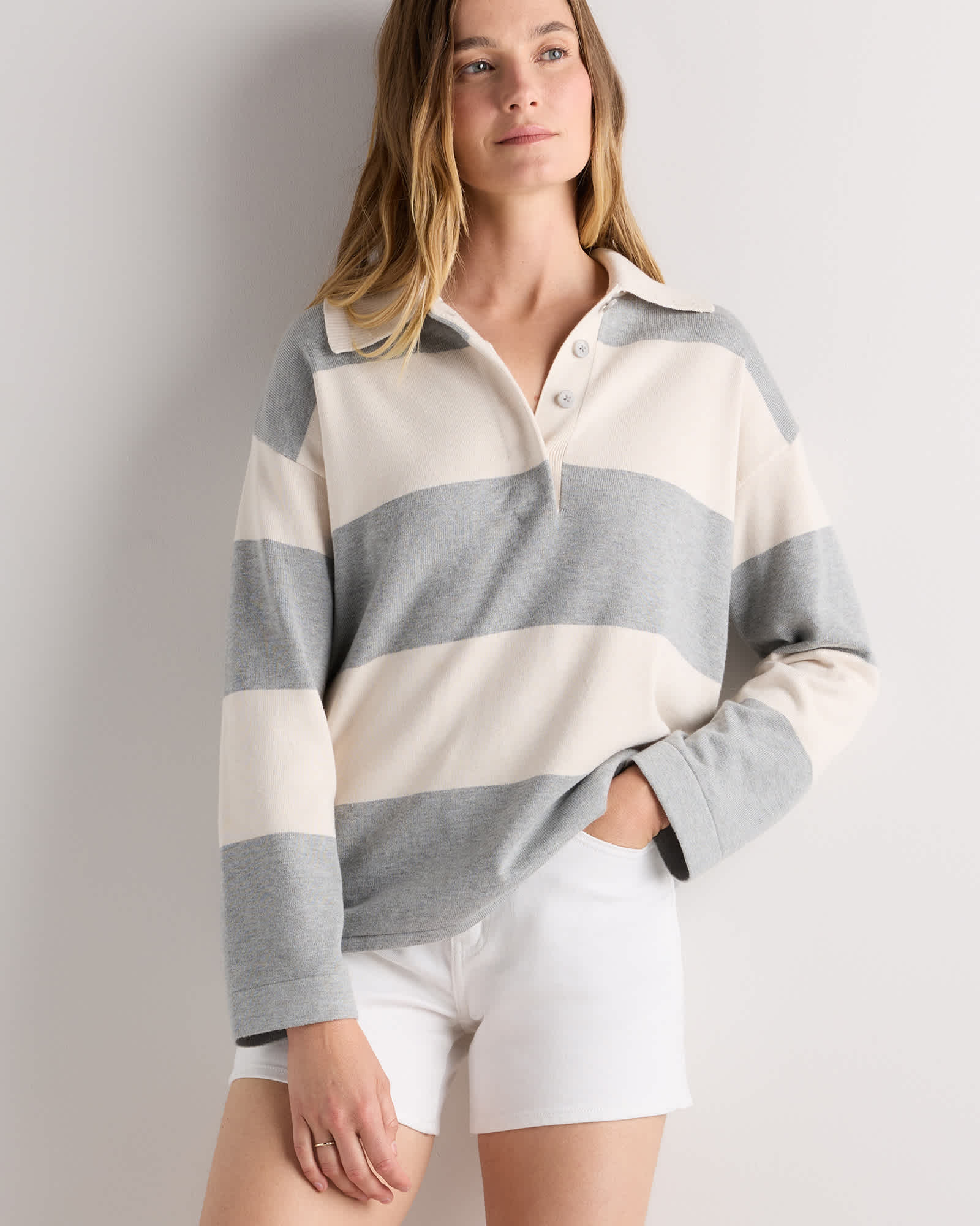 Bone / Heather Grey Rugby Stripe Cotton Cashmere Rugby Polo Sweater
