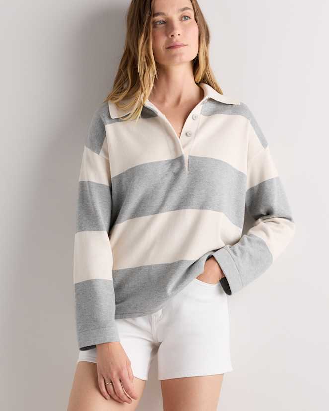 Bone / Heather Grey Rugby Stripe Cotton Cashmere Rugby Polo Sweater