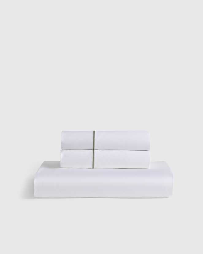 White/Dried Sage Signature Giza Cotton Sateen Embroidered Fitted Sheet Set