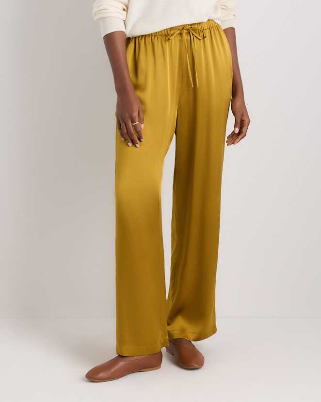 Mineral Yellow 100% Washable Silk Drawstring Wide Leg Pants