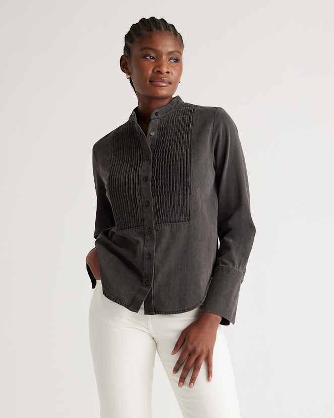 Washed Black Distressed Denim Tuxedo Shirt
