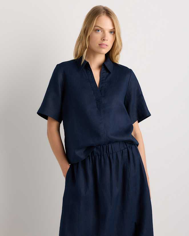 Deep Navy 100% European Linen Short Sleeve Popover Top