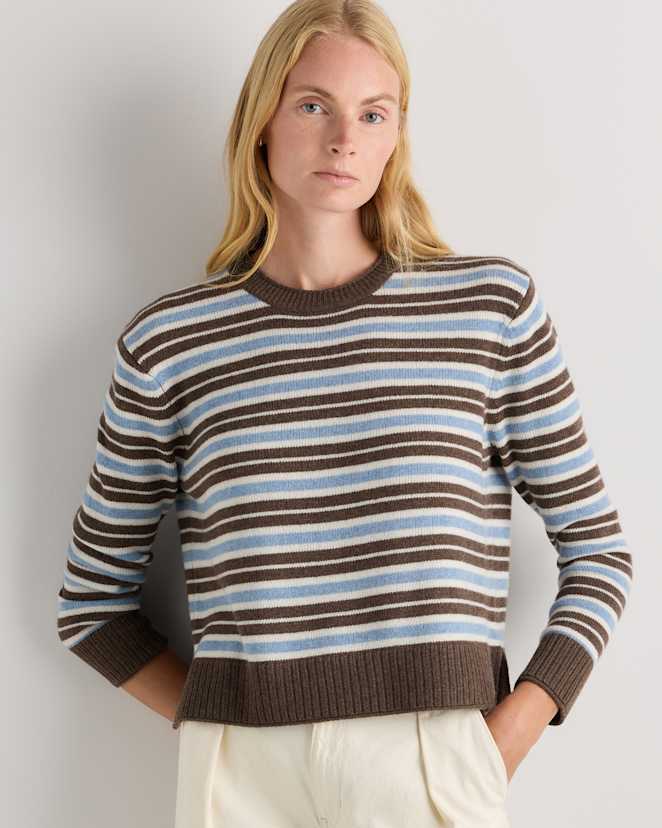 Faded Denim/Brown/Ivory Variegated Stripe Mongolian Cashmere Boxy Crewneck Sweater
