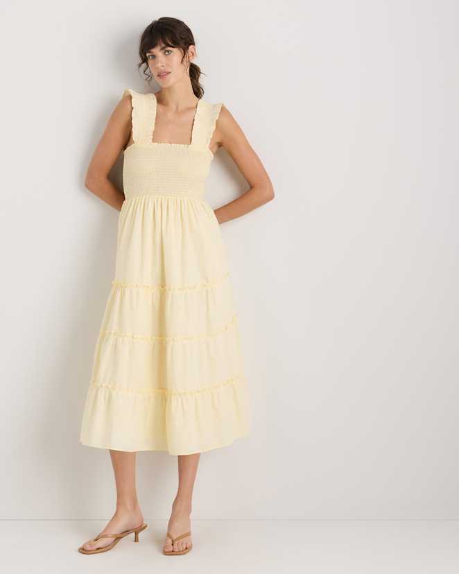 Pale Custard Yellow 100% Organic Cotton Poplin Smocked Midi Dress