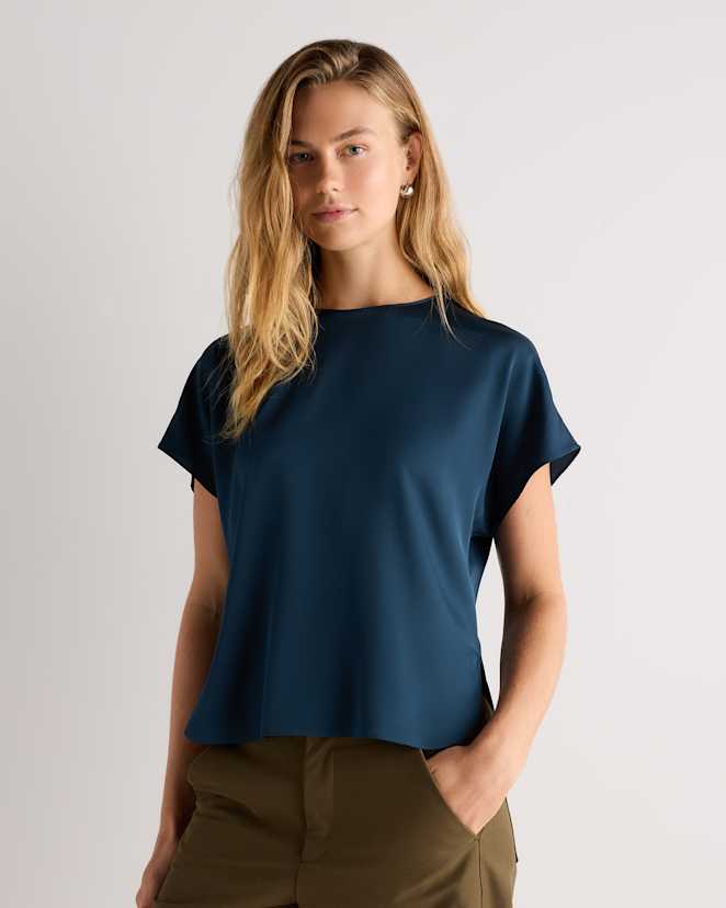 Stratus Blue Washable Stretch Silk Split Hem Tee