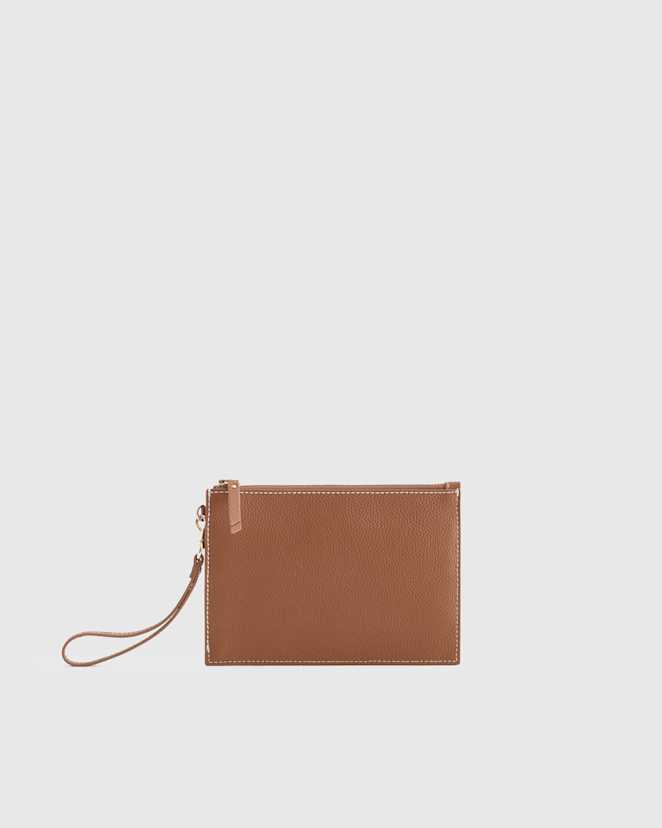 Cognac Italian Pebbled Leather Slim Wristlet