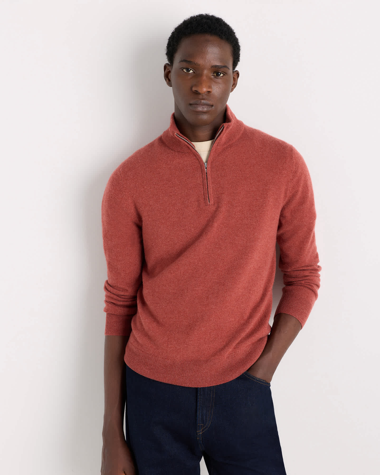 Heather Burnt Red Mongolian Cashmere Quarter Zip Sweater