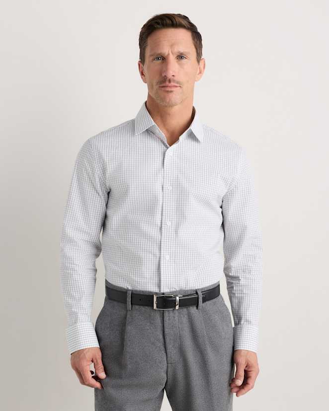 White/ Gingham Navy Grid Organic Cotton Stretch Poplin Dress Shirt