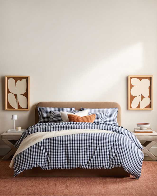 Navy Organic Crisp Percale Gingham Duvet Cover Set