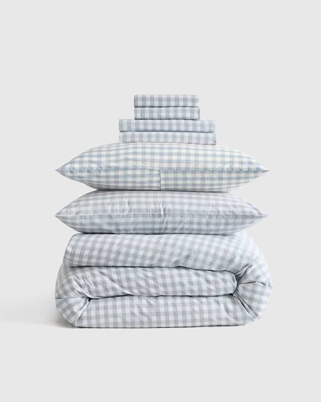 Blue Fog Classic Organic Percale Gingham Deluxe Bedding Bundle