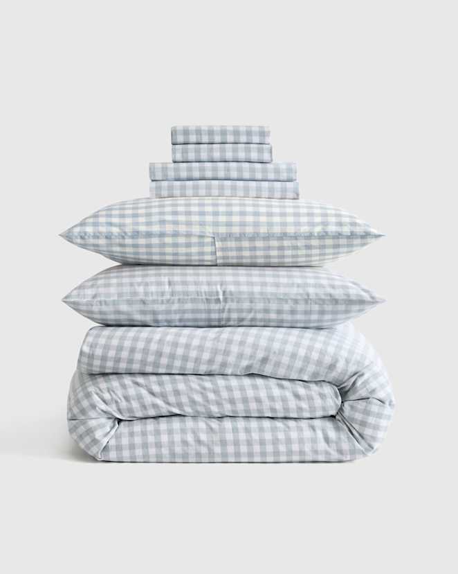 Blue Fog Classic Organic Percale Gingham Deluxe Bedding Bundle