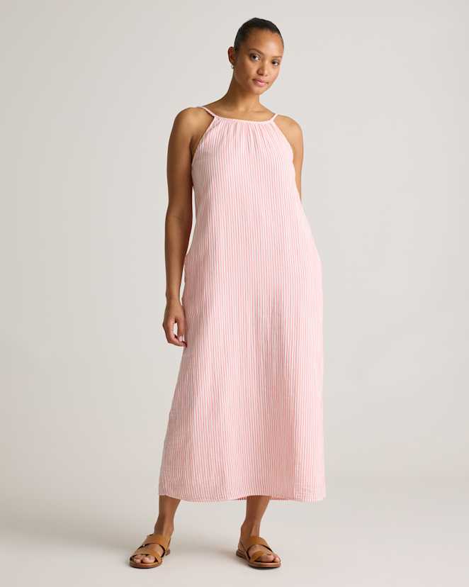Bayside Stripe Coral/White 100% Organic Cotton Gauze Sleeveless Maxi Dress