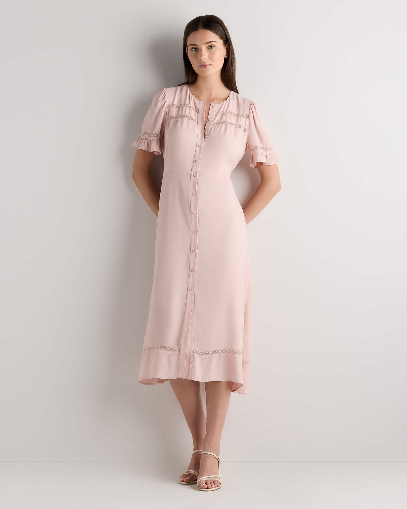 shell-pink Lightweight Crepe Lace Inset Midi Dress