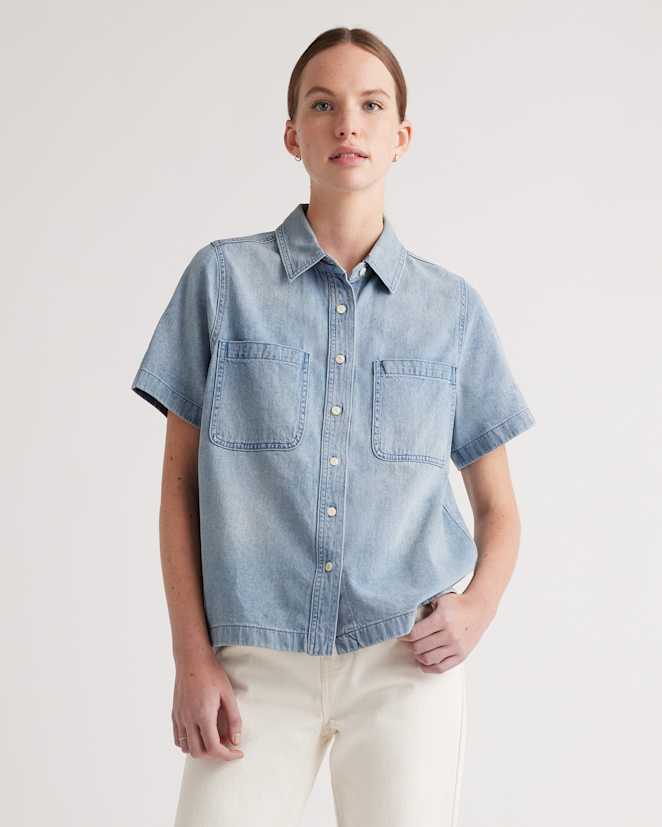 Blue Distressed Denim Short Sleeve Shirt
