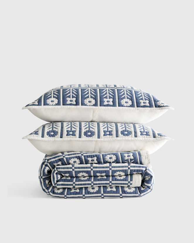 Glacier Blue Organic Cotton Jacquard Floral Coverlet Set