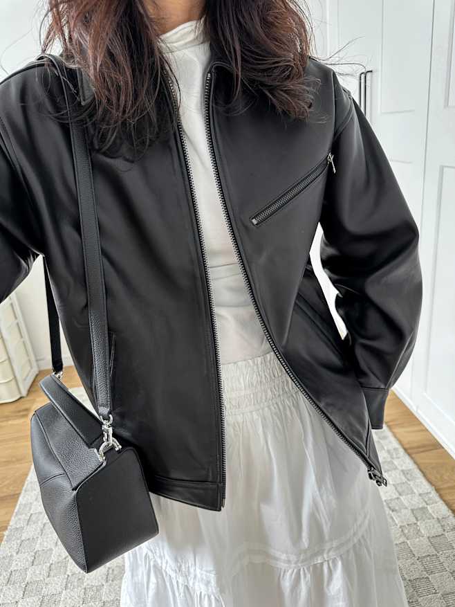 True Black 100% Leather Oversized Bomber Jacket