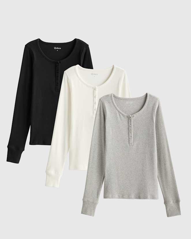 Black Organic Cotton Micro-Rib Long Sleeve Henley Tee 3 Pack Bundle