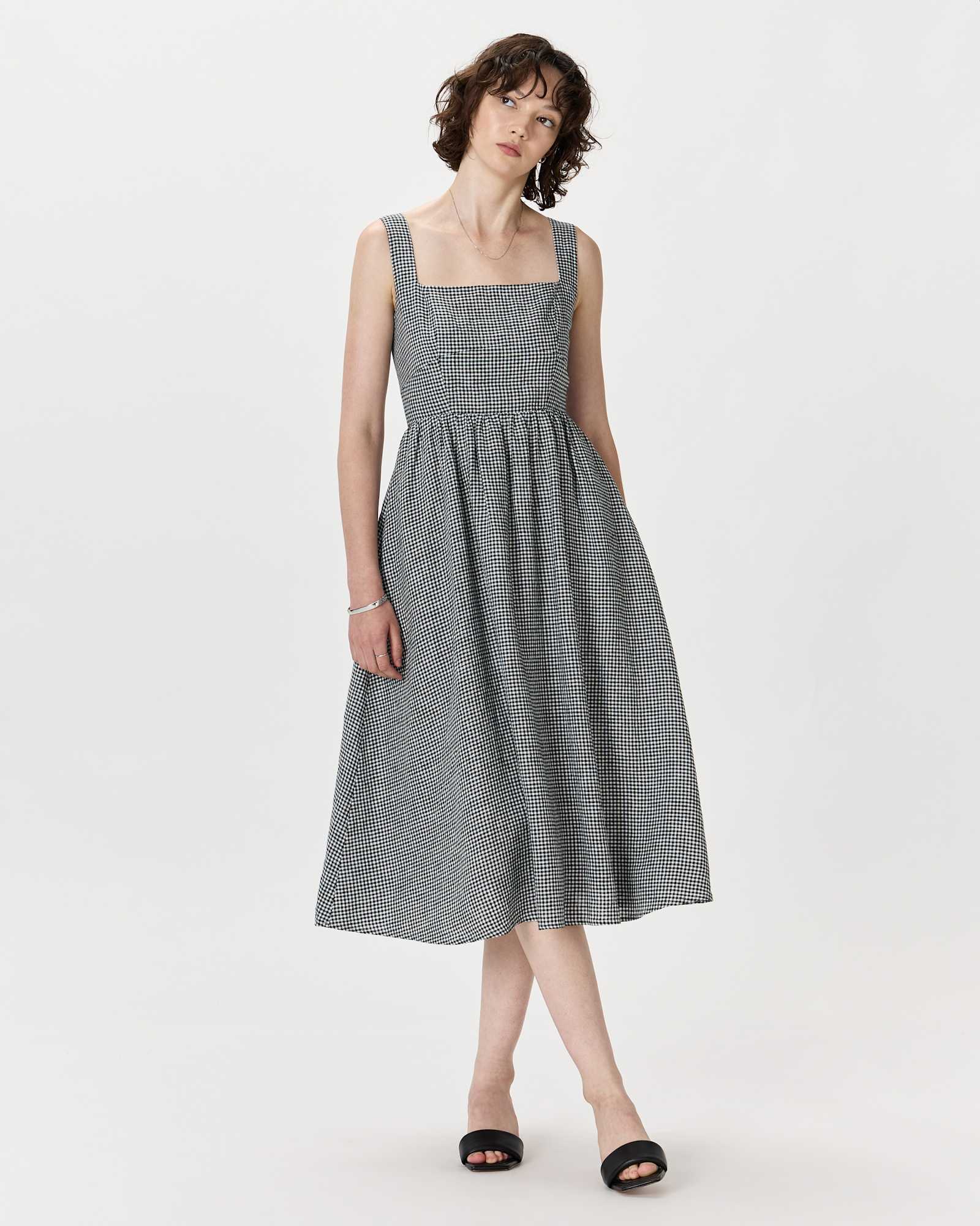 Classic Mini Gingham Robe midi ajustée et évasée 100 % lin européen