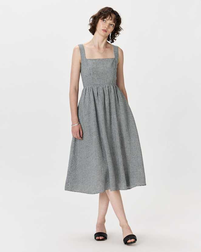 Classic Mini Gingham 100% European Linen Fit & Flare Midi Dress