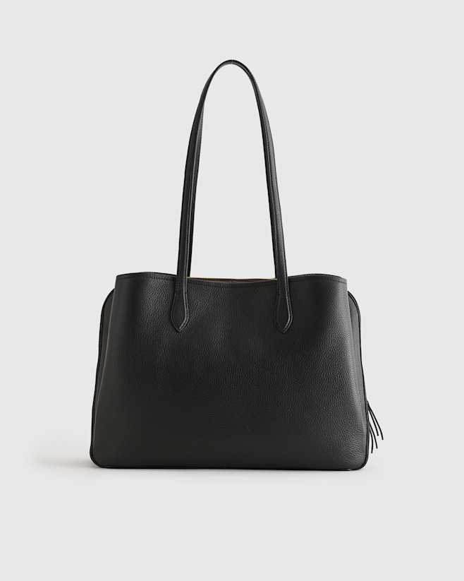 Black Italian Leather Triple Compartment Work Tote