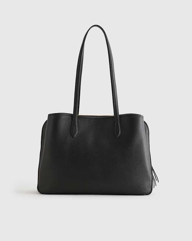 Black Italian Leather Triple Compartment Work Tote