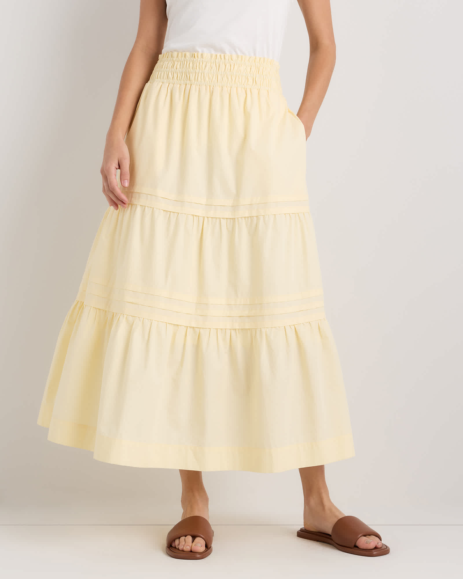 pale-custard-yellow 100% Organic Cotton Poplin Tiered Maxi Skirt
