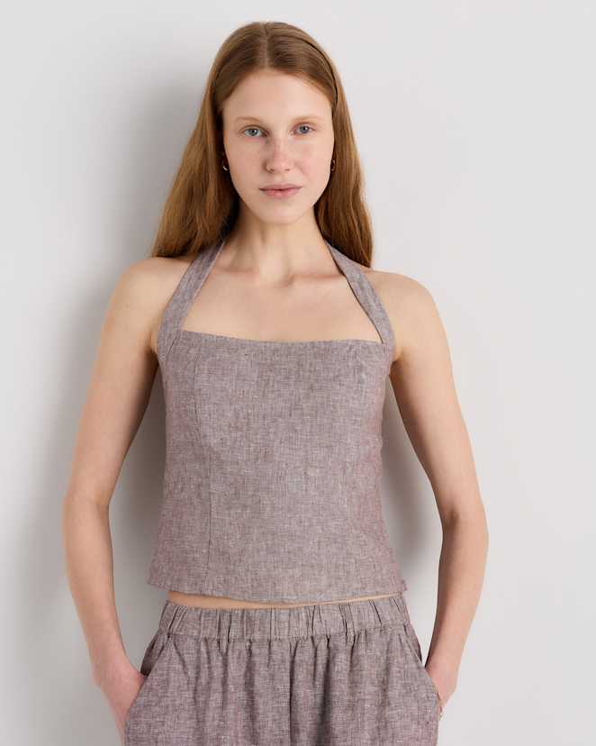 Taupe Brown Chambray 100% European Linen Halter Top