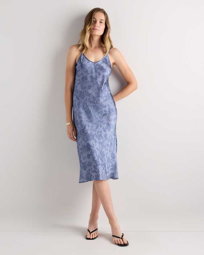 Moonstone Blue Heirloom Floral 100% Washable Silk Slip Dress