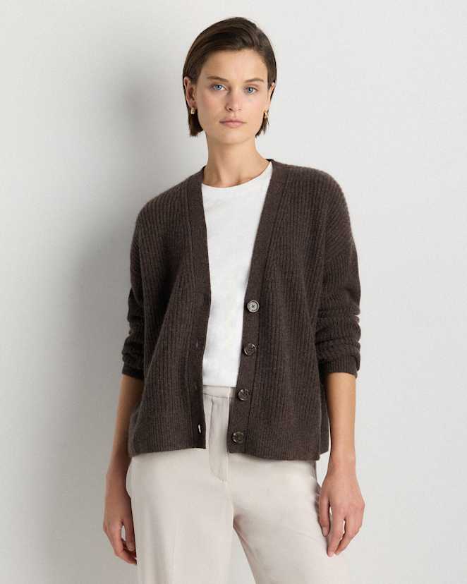 Heather Truffle Brown Mongolian Cashmere Fisherman Boxy Cropped Cardigan Sweater
