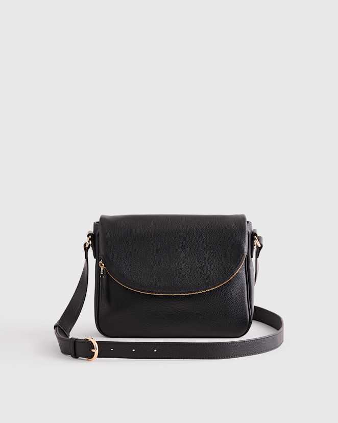 Black Italian Leather Foldover Crossbody